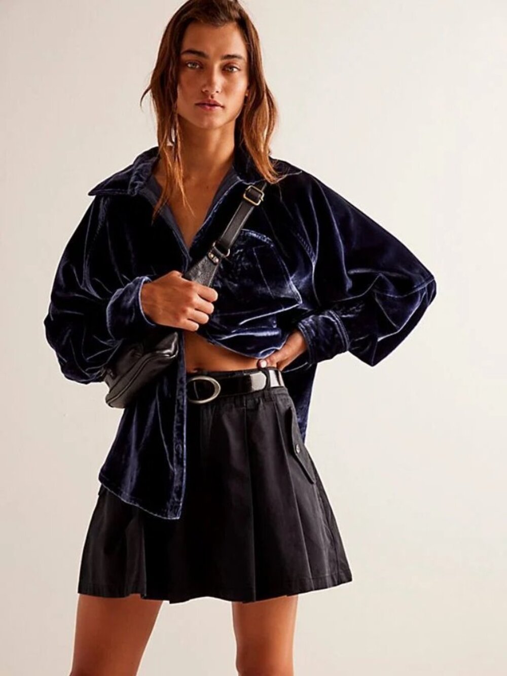 We The Free Night Skies Velvet Button Down Top in Navy Blue